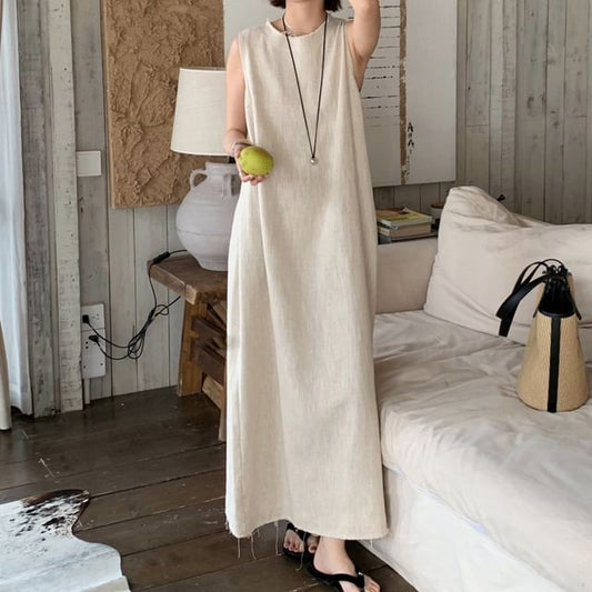 Sleeveless Round Neck Plain Maxi A-Line Dress