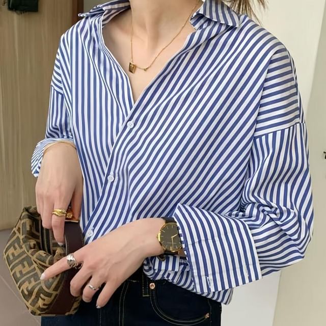 Striped Wrap Collared Long-Sleeve Shirt