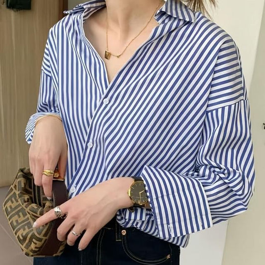 Striped Wrap Collared Long-Sleeve Shirt