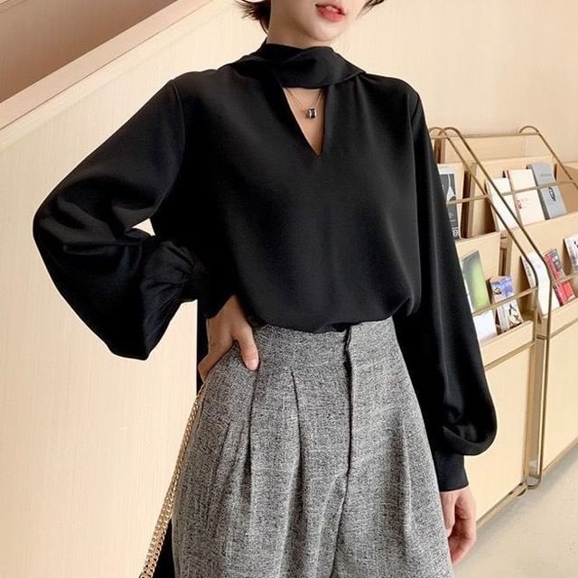 Sash Long-Sleeve Plain Blouse