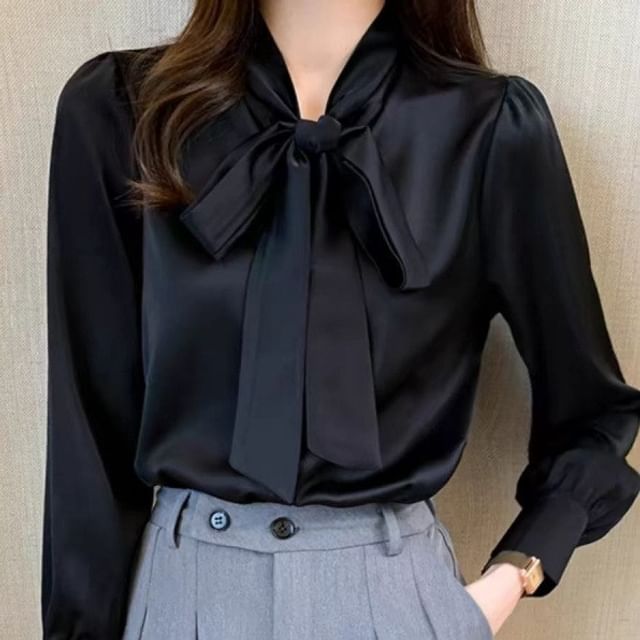 Tie-Neck Long-Sleeve Plain Blouse