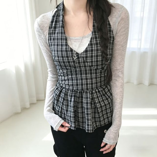 Halter V-Neck Plaid Peplum Top