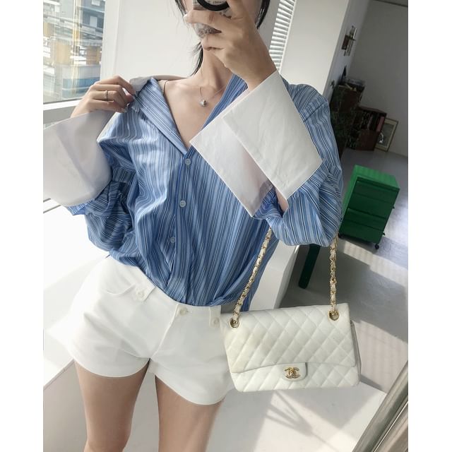 Striped Panel Long-Sleeve Collared Shirt