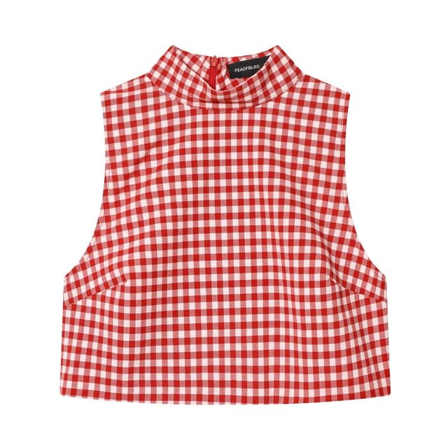 Mock Neck Gingham Slit Crop Tank and Ruched Straight Leg Capri Set