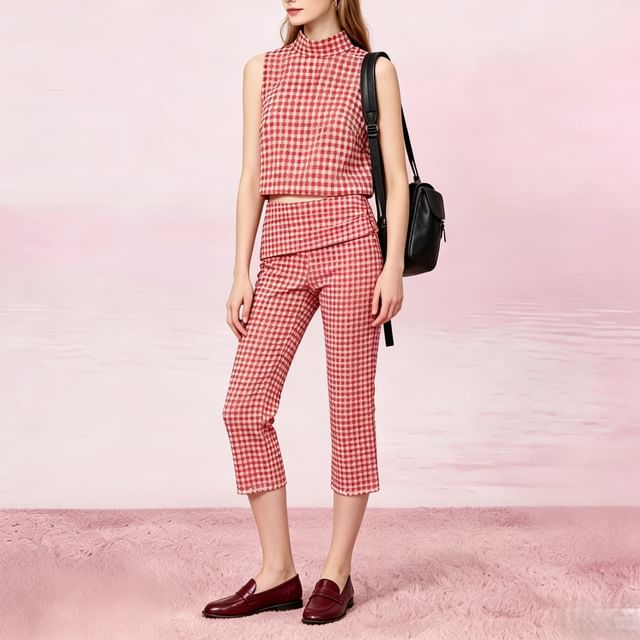 Mock Neck Gingham Slit Crop Tank and Ruched Straight Leg Capri Set