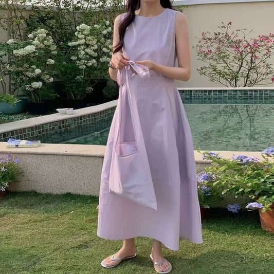 Sleeveless Round Neck Plain Slim-Fit Maxi A-Line Dress