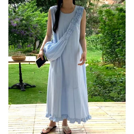 Sleeveless Round Neck Plain Ruffled-Trim Loose-Fit Maxi Dress