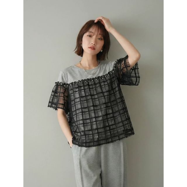Sheer Panel Plaid Round-Neck Tee