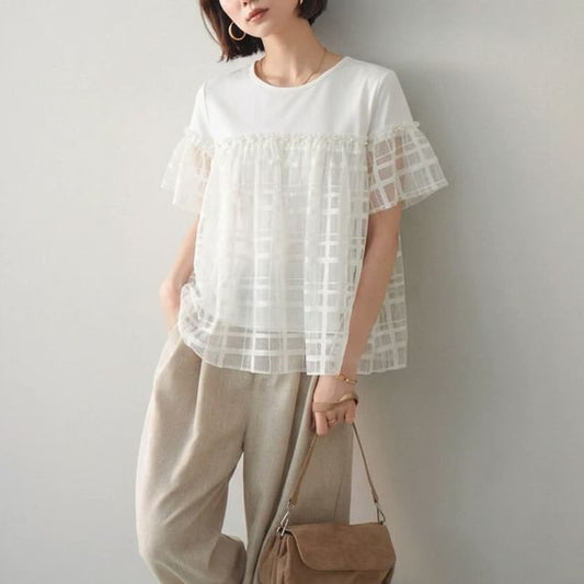Sheer Panel Plaid Round-Neck Tee
