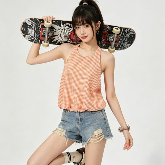 Gingham Plaid Halter Neck Crop Blouse