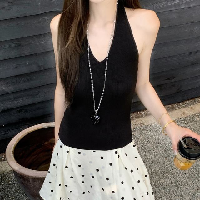 Halter Neck Plain Knit Top / Dotted Asymmetrical A-Line Skirt