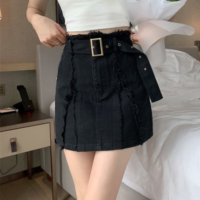Belt Waist Denim Mini Skirt