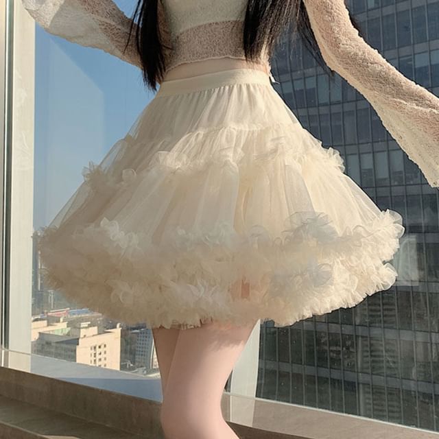 High Waist Plain Ruffle Tiered Mesh Mini A-Line Skirt