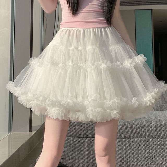 High Waist Plain Ruffle Tiered Mesh Mini A-Line Skirt
