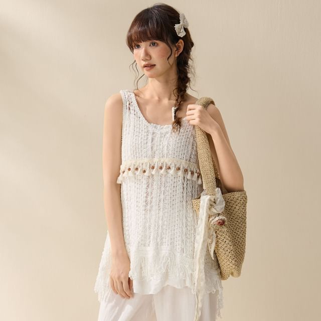 V-Neck Crochet Lace Tasseled Sleeveless Top