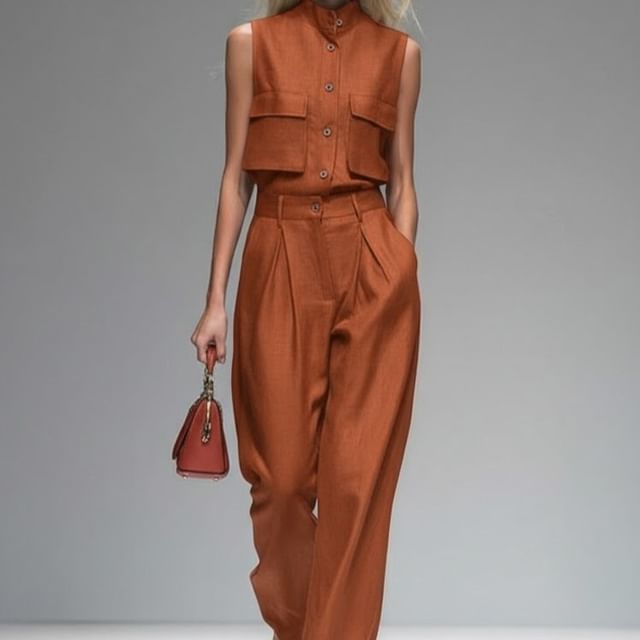 Sleeveless Stand Collar Button Top with Pleated Wide Leg Pants Set