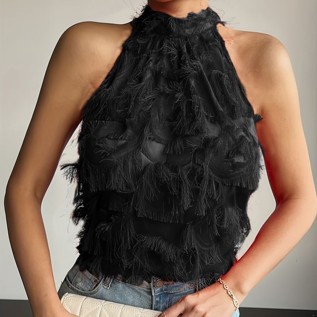 Sleeveless Halter Neck Fringe Trim Top Plain