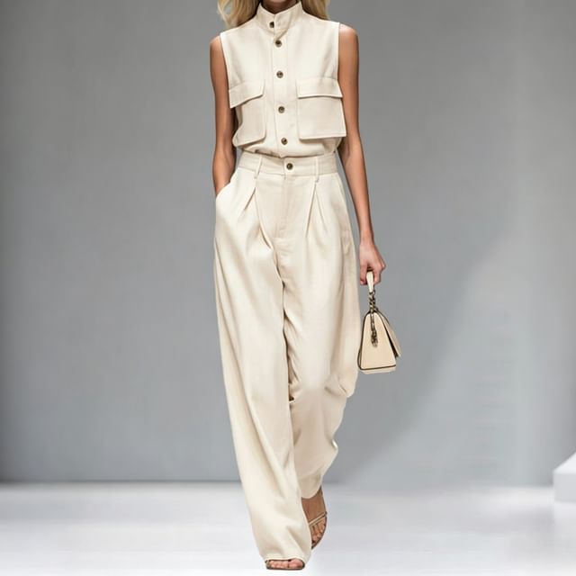 Sleeveless Stand Collar Button Top with Pleated Wide Leg Pants Set