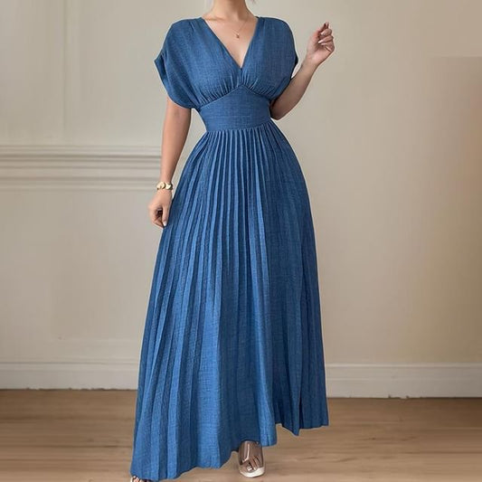 Sleeveless V-Neck Plain Ruched Maxi Pleated A-Line Dress