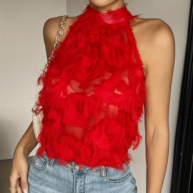 Sleeveless Halter Neck Fringe Trim Top Plain
