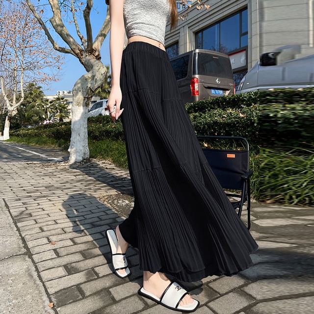 Elastic Waist Plain Tiered Chiffon Maxi A-Line Skirt