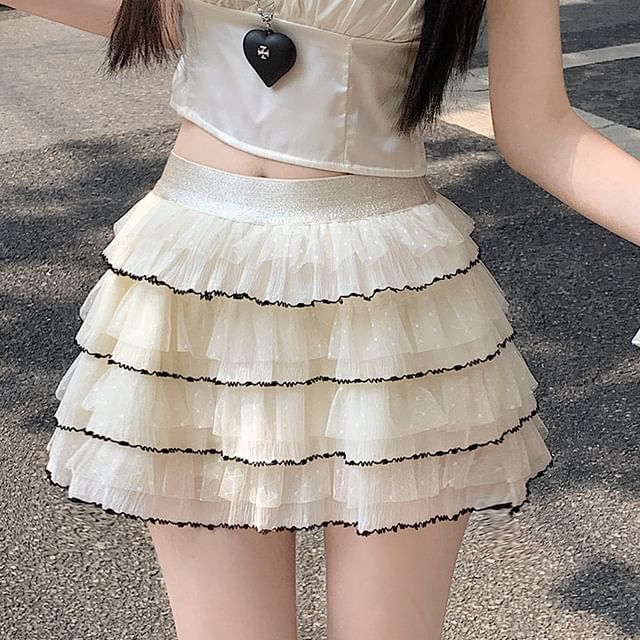 High Waist Contrast Trim Tiered Mesh Mini A-Line Skirt