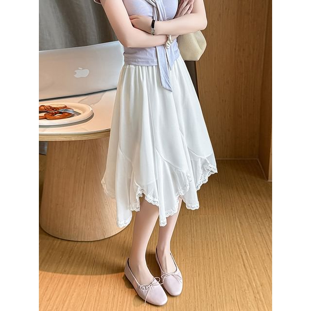 High Waist Plain Asymmetrical Lace Trim Midi A-Line Skirt