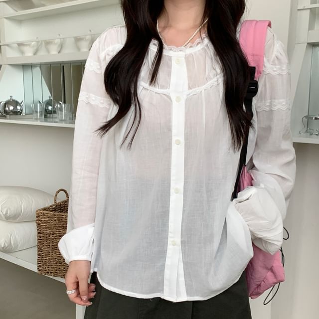 Long Sleeve Lace Trim Button-Up Sheer Blouse