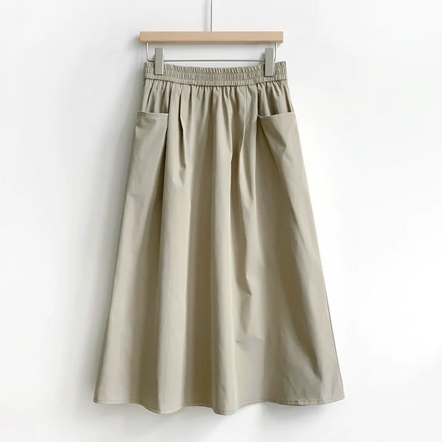 High Waist Plain Midi A-Line Skirt