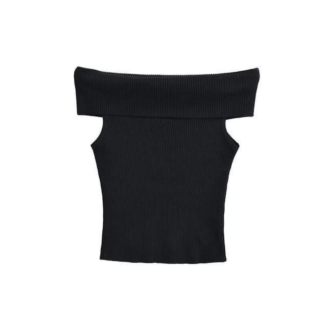 Off-Shoulder Ribbed Knit Tee with Short Sleeves