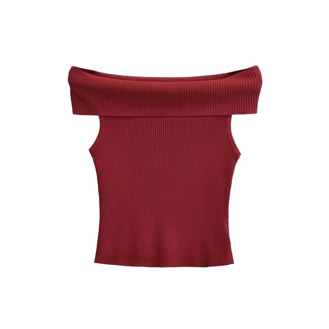 Off-Shoulder Ribbed Knit Tee with Short Sleeves