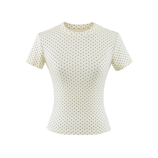 Dotted Crew Neck Crop T-Shirt with Short Sleeves