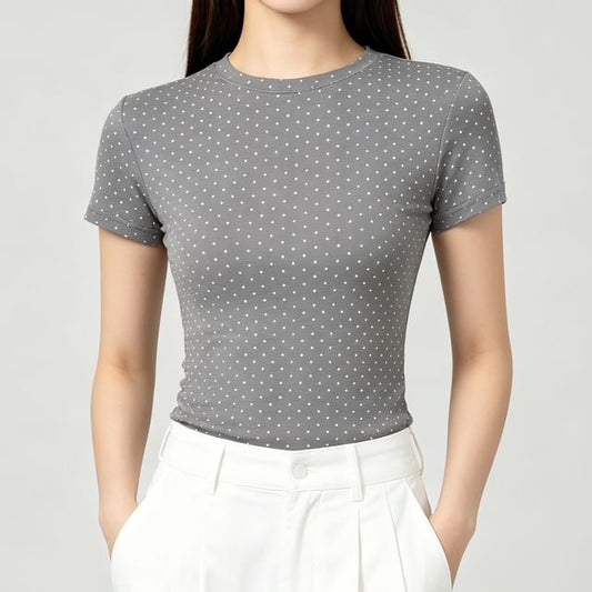 Dotted Crew Neck Crop T-Shirt with Short Sleeves