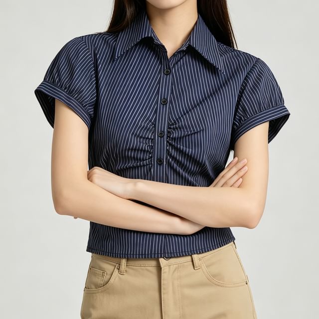 Striped Ruched Collared Short Sleeve Button Shirt