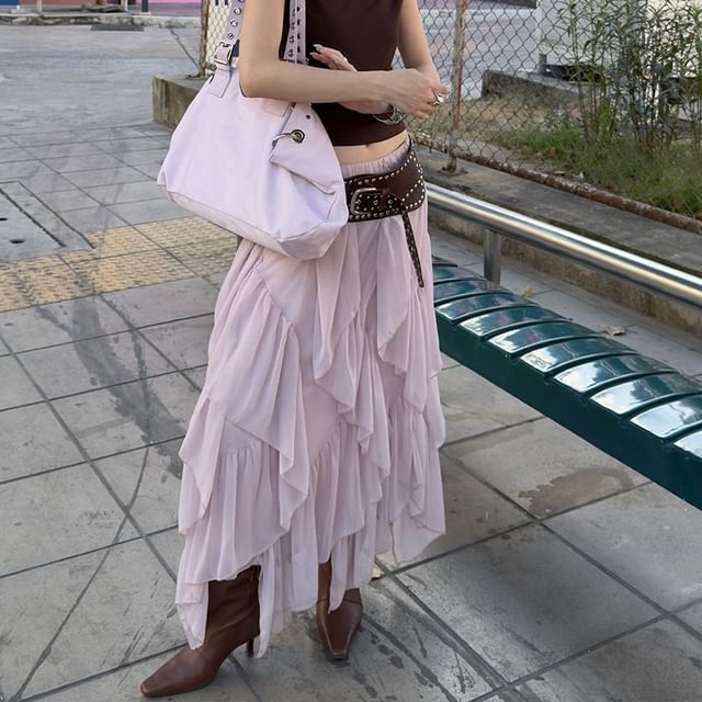 Low Rise Asymmetrical Plain Midi A-Line Skirt