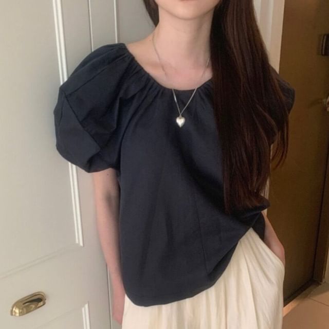 Ruched Scoop Neck Top with Short Sleeves
