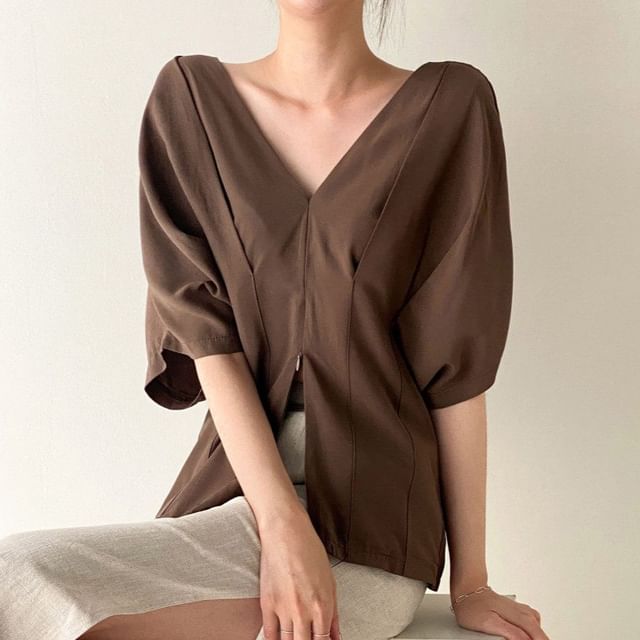 Pleated V-Neck Blouse with Short Sleeves