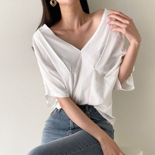 Pleated V-Neck Blouse with Short Sleeves
