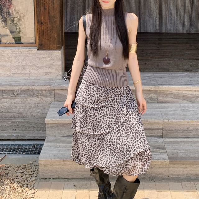 Leopard Print Midi Skirt with Mock Neck Top
