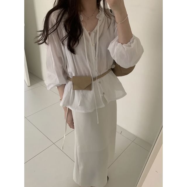 Ruffled Button-Up Blouse with Long Sleeves