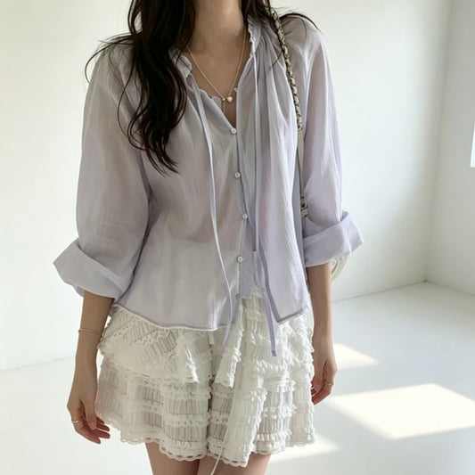 Ruffled Button-Up Blouse with Long Sleeves