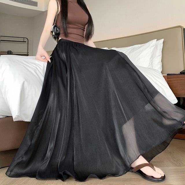 High Waist Sheer Plain Maxi A-Line Skirt