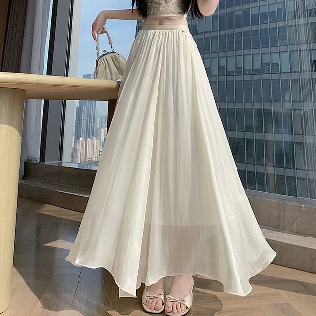 High Waist Sheer Plain Maxi A-Line Skirt