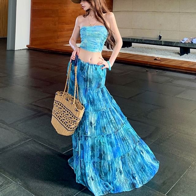 Tie Dye Ruched Crop Tube Top and Frill Trim Maxi Skirt Set
