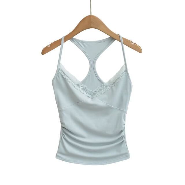 Ruched Racerback Crop Top with Lace Trim