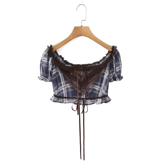Plaid Lace Panel Crop Top with Puff Sleeves
