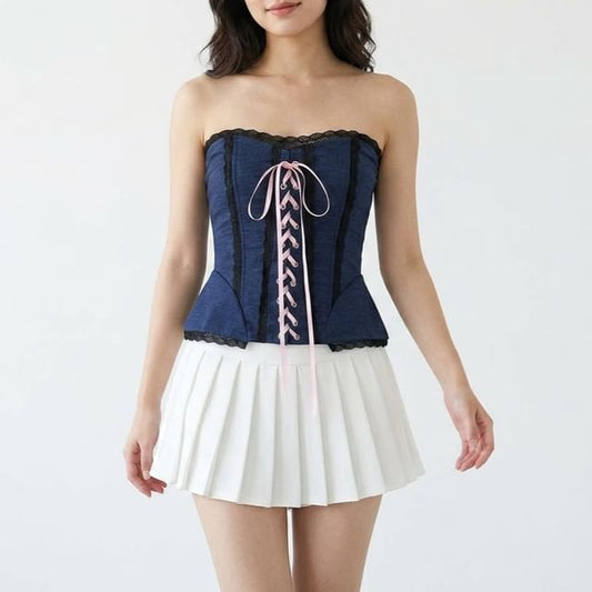 Lace-Up Corset Tube Top with Lace Trim