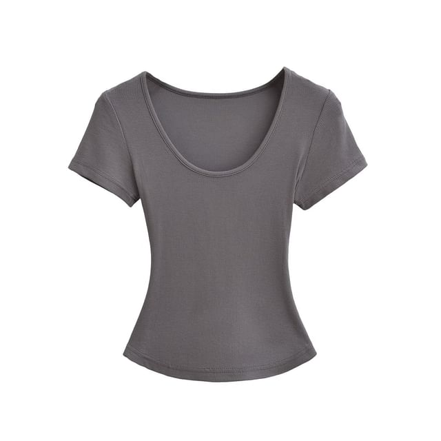 Ribbed Scoop Neck Crop T-Shirt with Short Sleeves