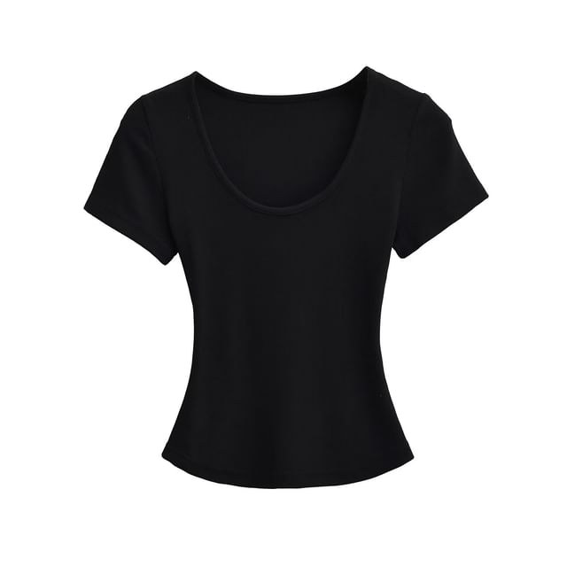 Ribbed Scoop Neck Crop T-Shirt with Short Sleeves