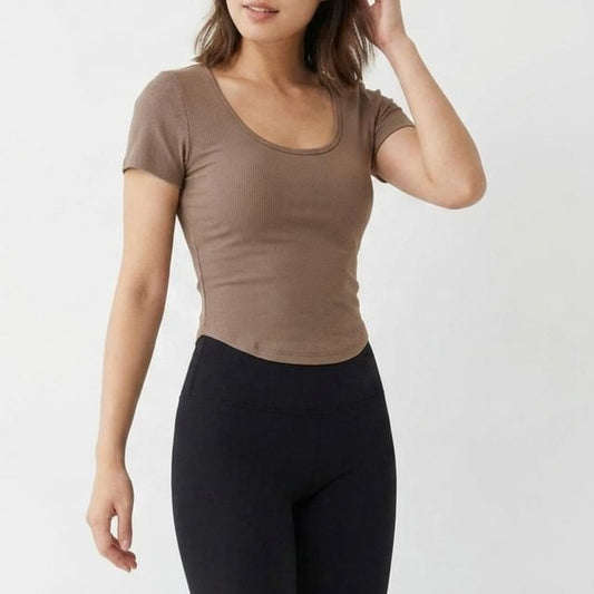Ribbed Scoop Neck Crop T-Shirt with Short Sleeves
